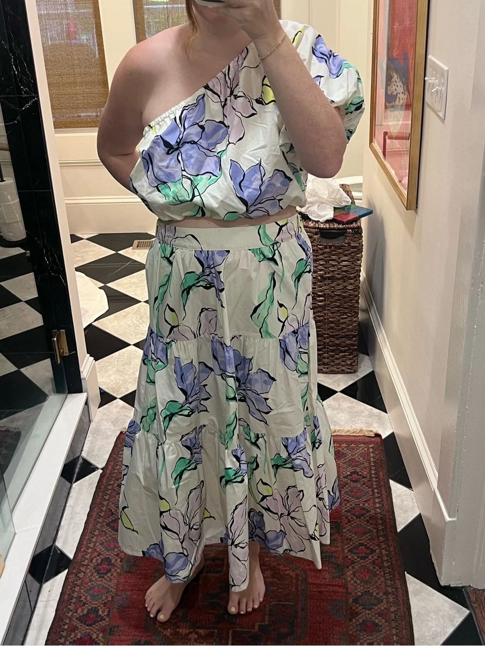 a new day One-Shoulder Floral Maxi Skirt Set in White, Lavender, Green